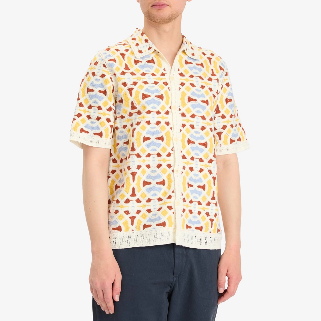 Wax London Men's Dorset Geo Tile Crochet Shirt Ecru/Multi